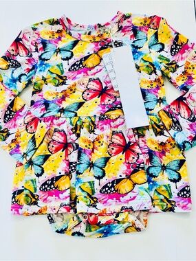 Colorful Butterfly Bamboo Long Sleeve Dress Bodysuit